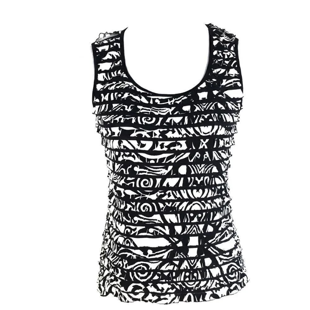 Tribal Top Black White Print Sleeveless Layered look Rounded Neck Medium